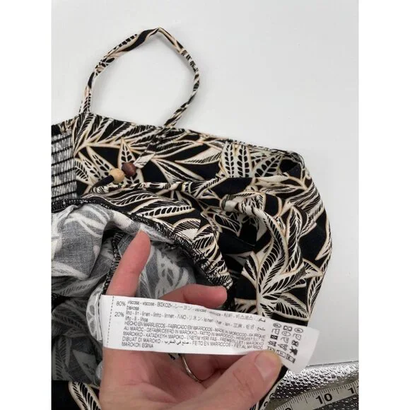 Zara Womens Large Sleeveless Maxi Dress Linen Blend Black White Leaf Print Chic - Picture 5 of 11